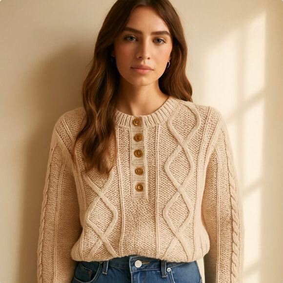 Vintage 80s Dusty Pink Peach Cable Knit 3/4 Button Sweater Soft Girl Preppy - Picture 1 of 11